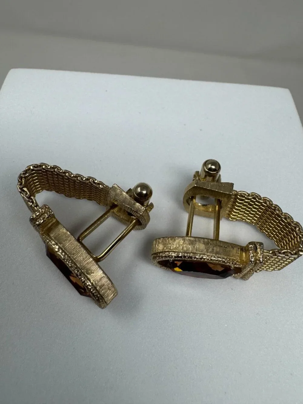 Vintage Gold Tone Mesh Wrap Cufflinks Amber Glass Mid-Century
